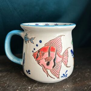 Yokohama Studio Hand Painted Textured Angel Fish Coffee Mug Aquatic Theme Cup